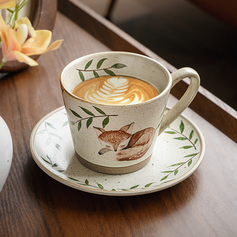 Koppo Living Retro Tassen Set mit Unterteller Motiv Hase Fuchs Steinzeug Reaktive Glasur 435ml