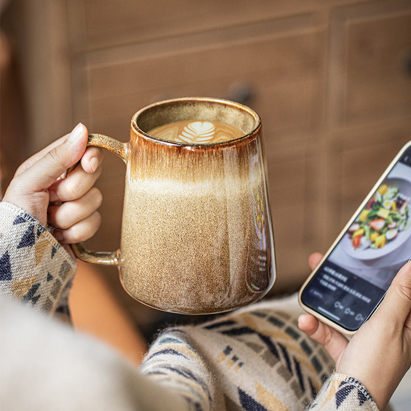 Koppo Living XXL Keramikbecher 780ml mit Holzdeckel & Löffel Reaktive Glasur Porzellan Retro-Design